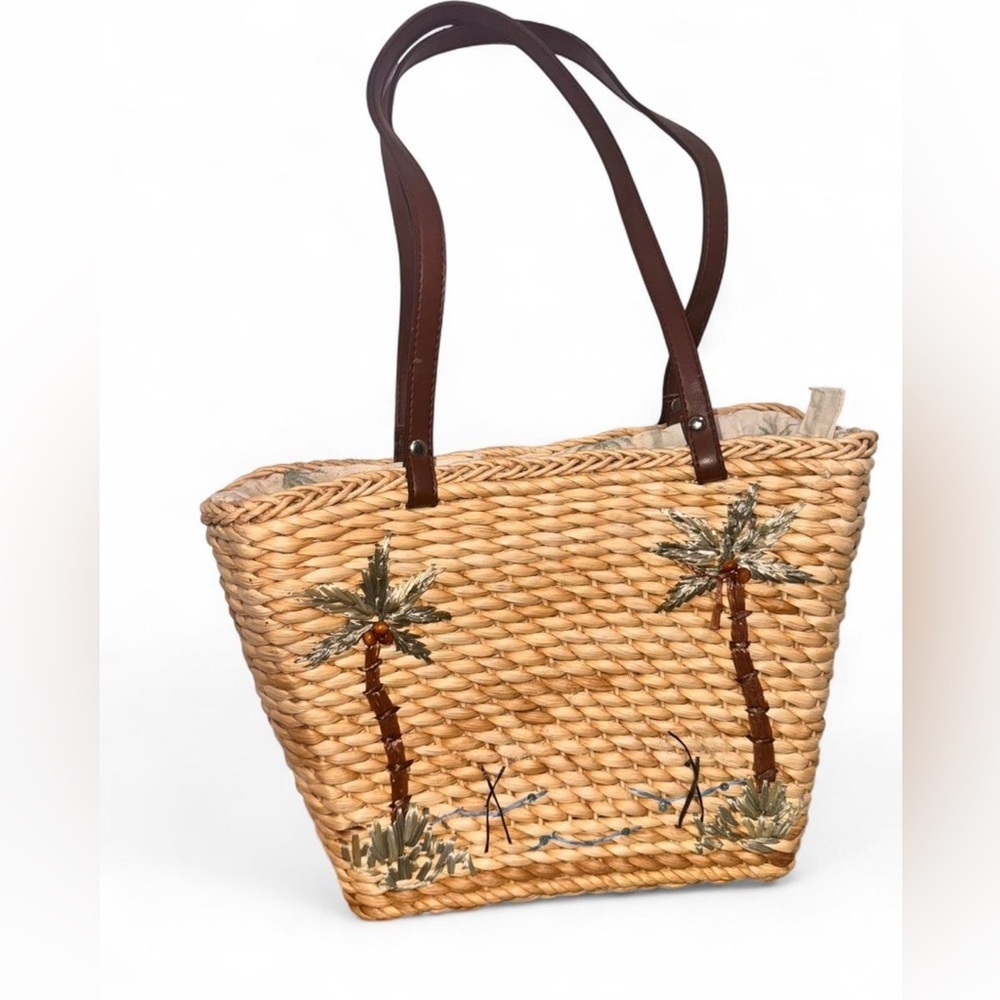 Vintage Woven Straw Tote with Brown Handles and Palm Tree Embroidery - Picture 5 of 8